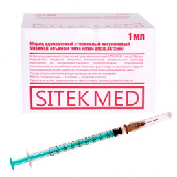 Шприц инсулиновый U-100 (100шт) 1 мл с иглой 0,4*12 мм (27G*1/2) SitekMed