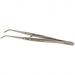 03-187 PRO Пинцет изогнутый с зажимом Con Blocaggio, зубчатый, 15,0см, AGILE