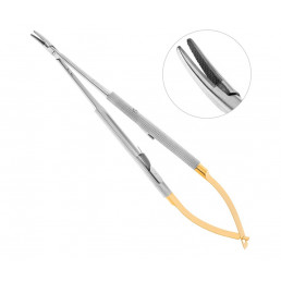 Иглодержатель микрохирургический изогнутый Castroviejo ТВС, 140 мм, карбид-вольфрамовые вставки, Sammar Int.