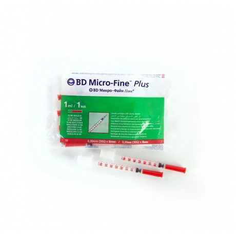 Шприц инсулиновый U40 (10шт) 1 мл с иглой 0,3*8 мм (30G*) BD Micro-fine plus (БД Микро-файн плюс)