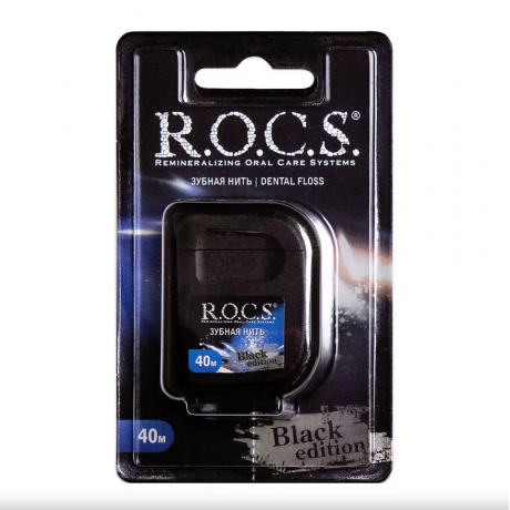 Флосс ROCS Black Edition - зубная нить 40м (расширяющаяся, мятная) ЕвроКосМед  — фото №1