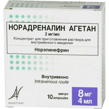 Норадреналин Агетан, концентрат д/приг раствор для в/в введ 2 мг/мл (4 мл амп) (10 шт) Лаборатория Агетан  — фото №1