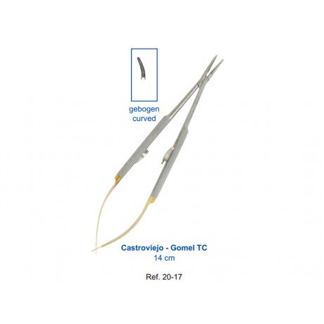 20-17 Иглодержатель микрохирургический изогнутый Castroviejo-Gomel TC,140 мм, карбид-вольфрамовые вставки  — фото №1