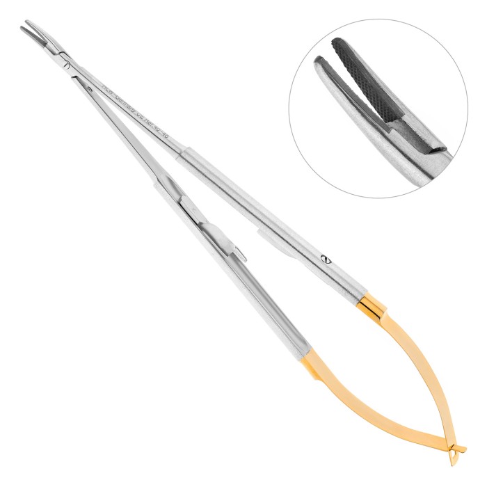 40-46 Иглодержатель микрохирургический изогнутый Micro-Nadelhalter TC, 180 мм, карбид-вольфрамовые вставки, HLW — фото №2