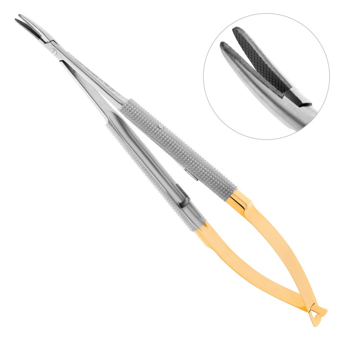 20-17 Иглодержатель микрохирургический изогнутый Castroviejo-Gomel TC,140 мм, карбид-вольфрамовые вставки, HLW — фото №2