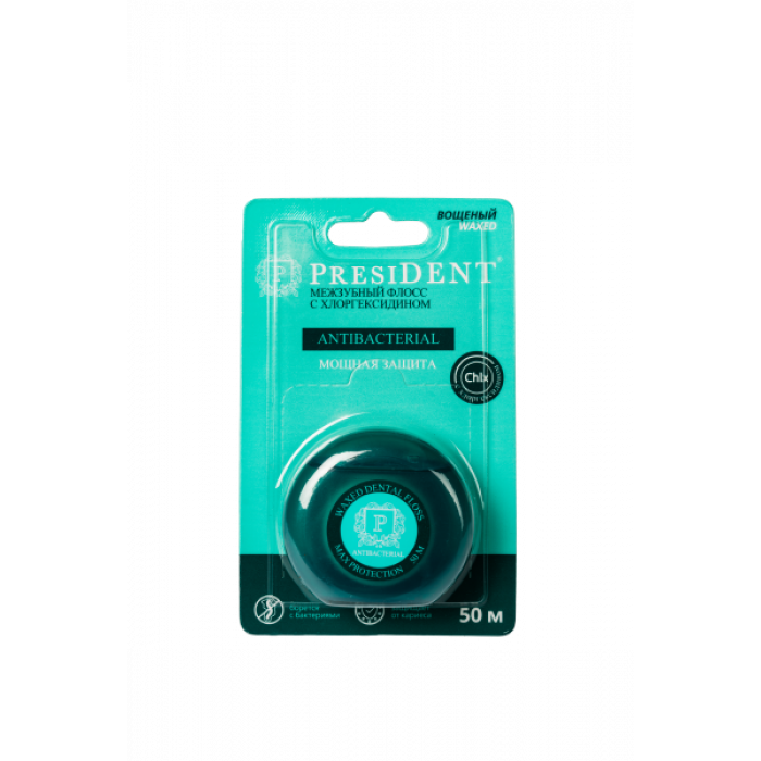 Флосс PRESIDENT Antibacterial - зубная нить 50м (с хлоргексидином, вощеная, мятная)