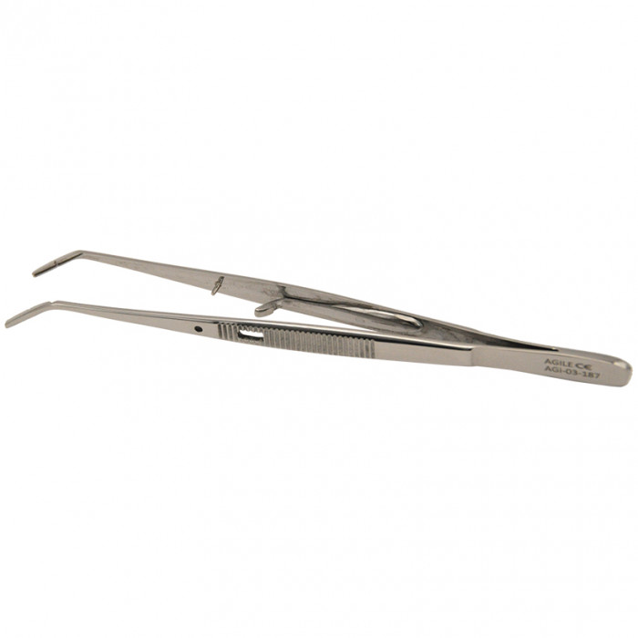 Пинцет атравматичный изогнутый с зажимом Con Blocaggio, зубчатый, 15,0см, AGILE