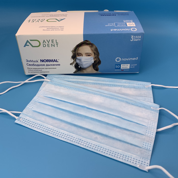 Маски на резинках Голубые (50шт) NOVIMED NORMAL 3-х сл